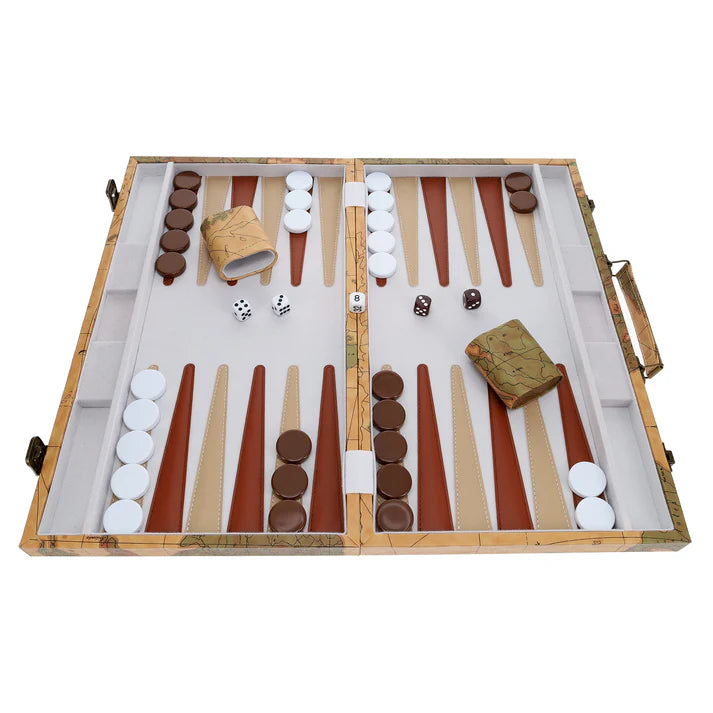 TAN MAP STYLE LEATHERETTE BACKGAMMON 18" X 11"