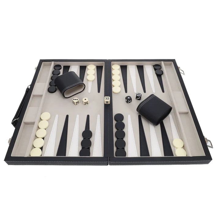 ELEGANT BLACK LEATHERETTE BACKGAMMON 14.75" X 9.75"