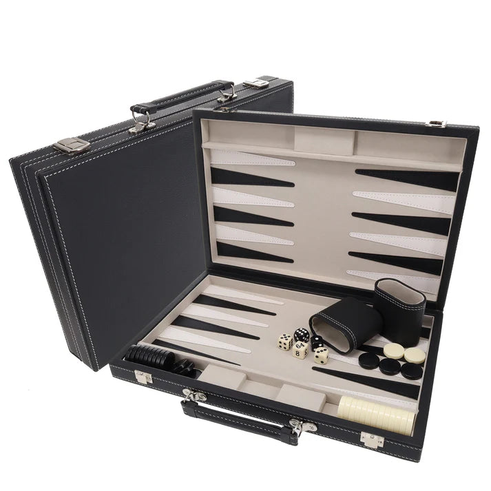 ELEGANT BLACK LEATHERETTE BACKGAMMON 14.75" X 9.75"