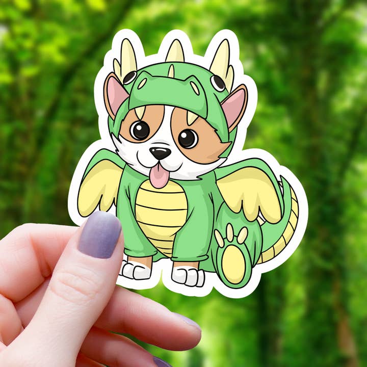 CORGI IN A DINOSAUR COSTUME STICKER