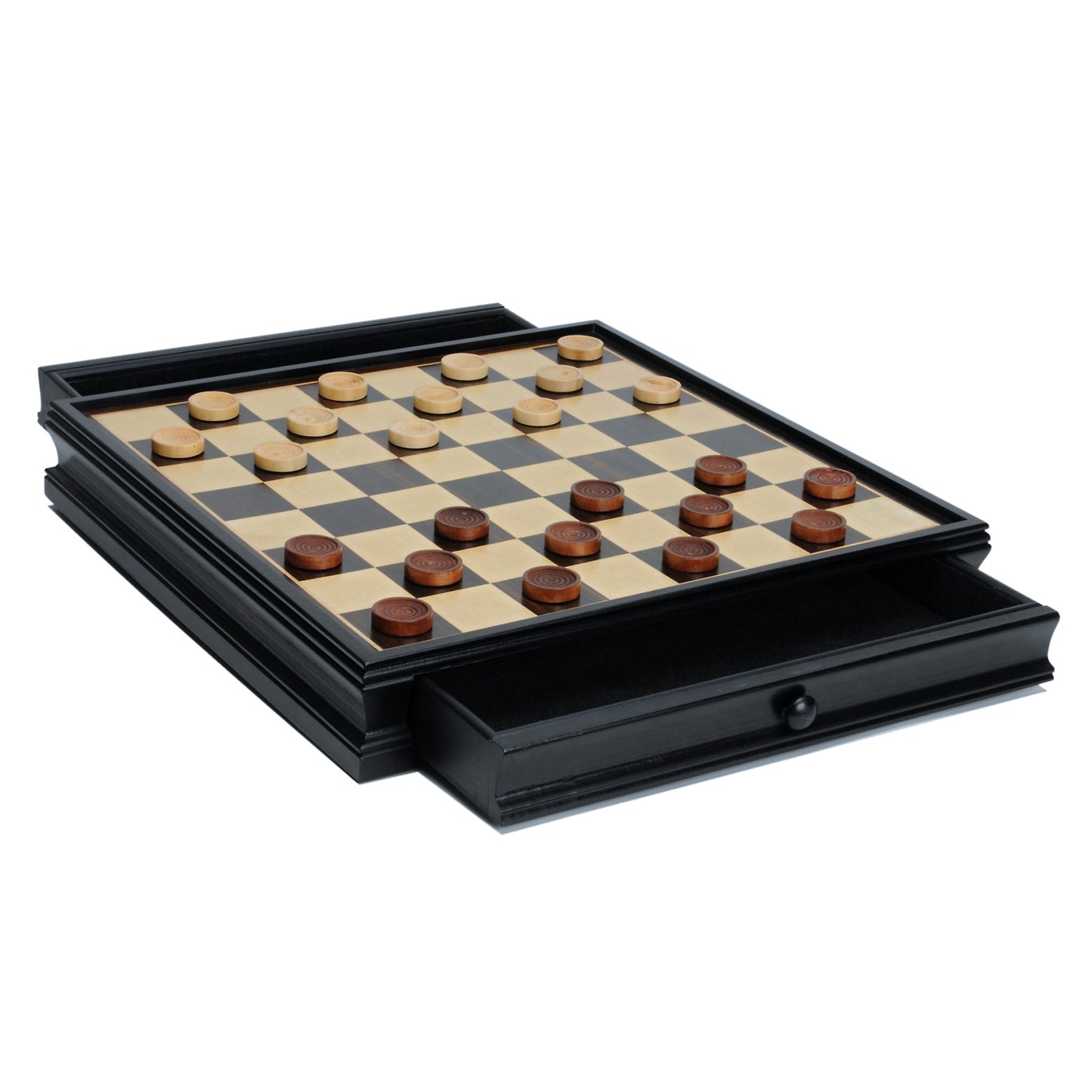 Russian Style Chess & Checkers Game Set – Weighted Chessmen & Black Stained Wood Board with Storage Drawers 15 in.