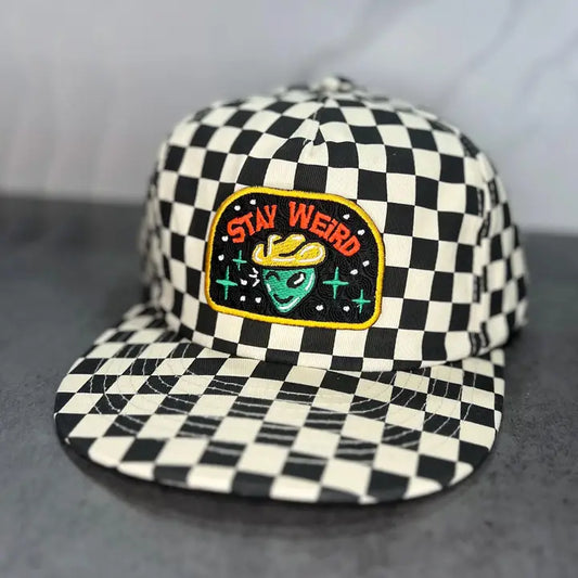STAY WEIRD 5 PANEL CHECKERED HAT