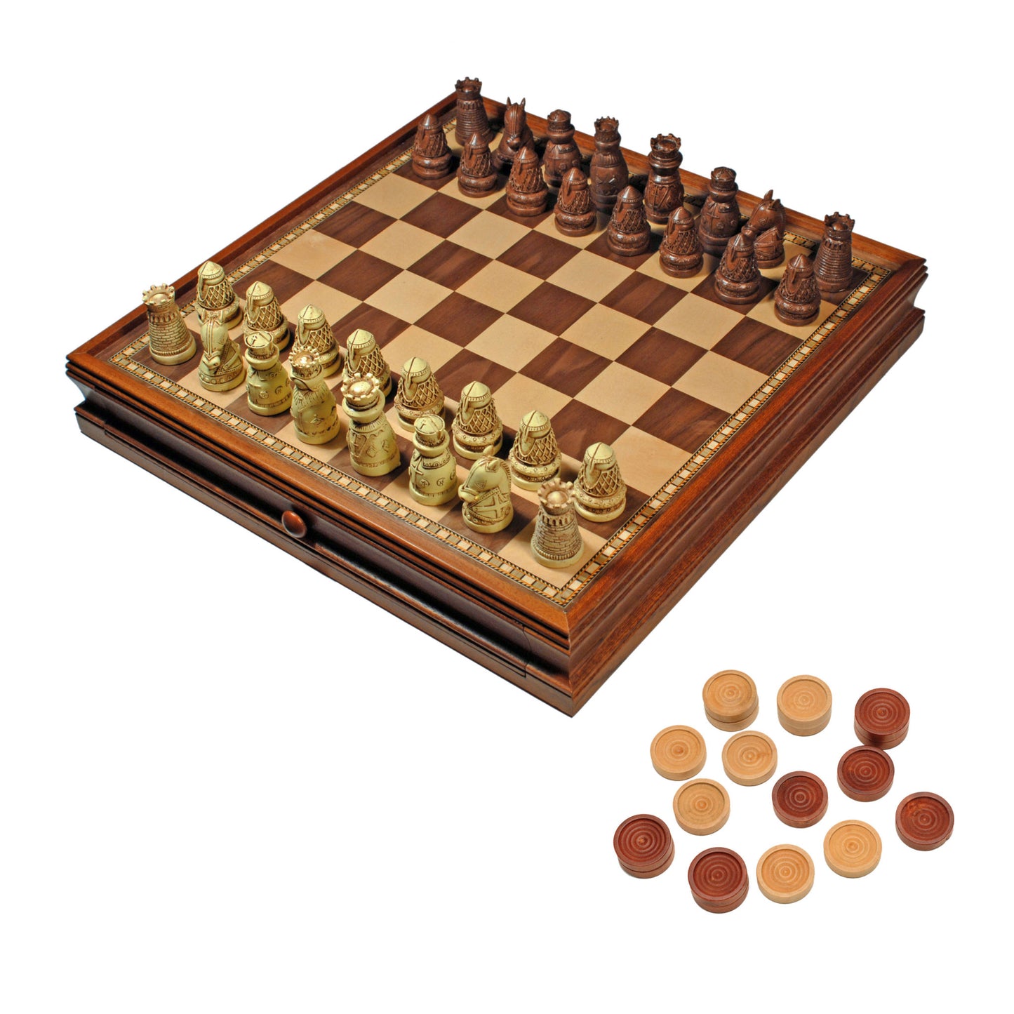 Medieval Chess & Checkers Game Set – Brown & Ivory Chessmen & Wood Board with Storage Drawers 14.75 in.