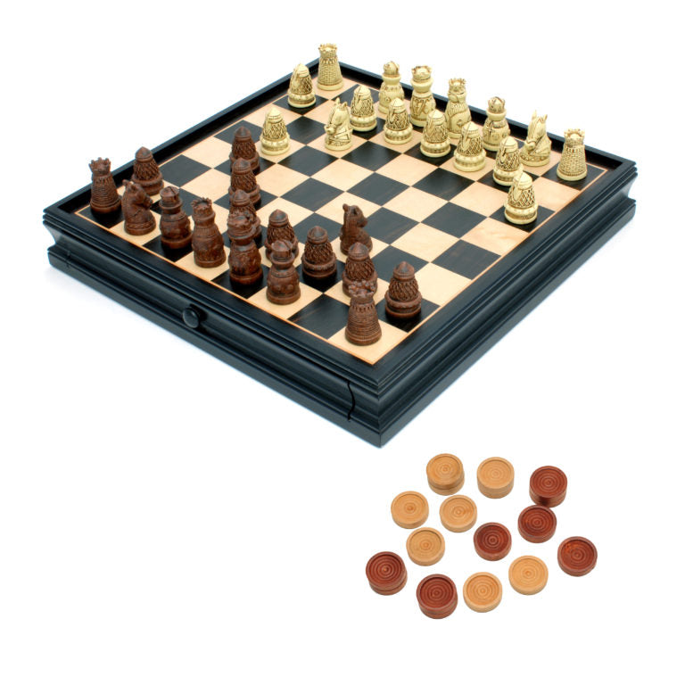 Medieval Chess & Checkers Set – Polystone Pieces, Black Stained Wooden Board with Storage Drawer – 15 in.