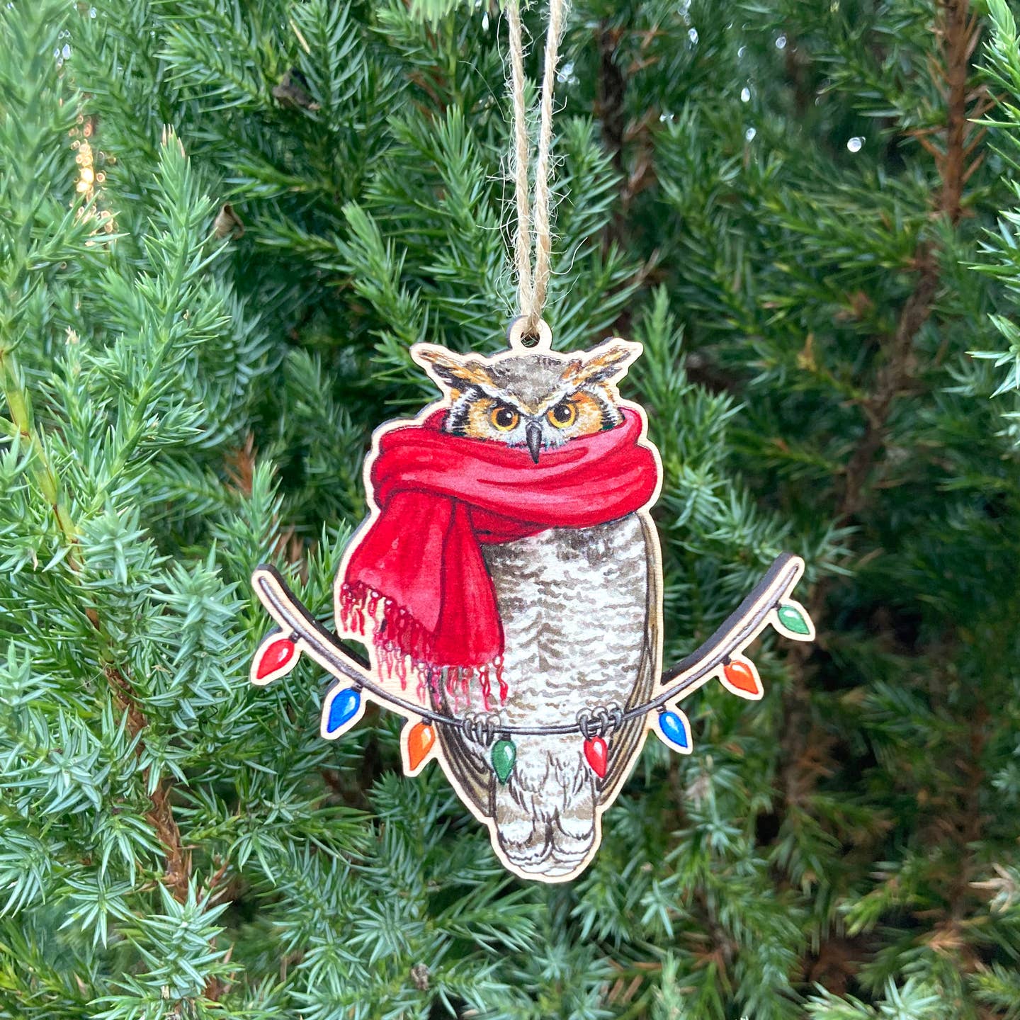 FESTIVE OWL WOODEN HOLIDAY ORNAMENT
