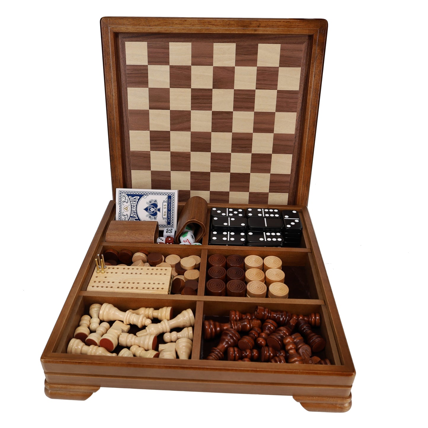 Walnut 7-Games-in-1 Combination Game Set – Includes Chess, Checkers, Backgammon, Dominoes, Cribbage, Poker Dice and Cards