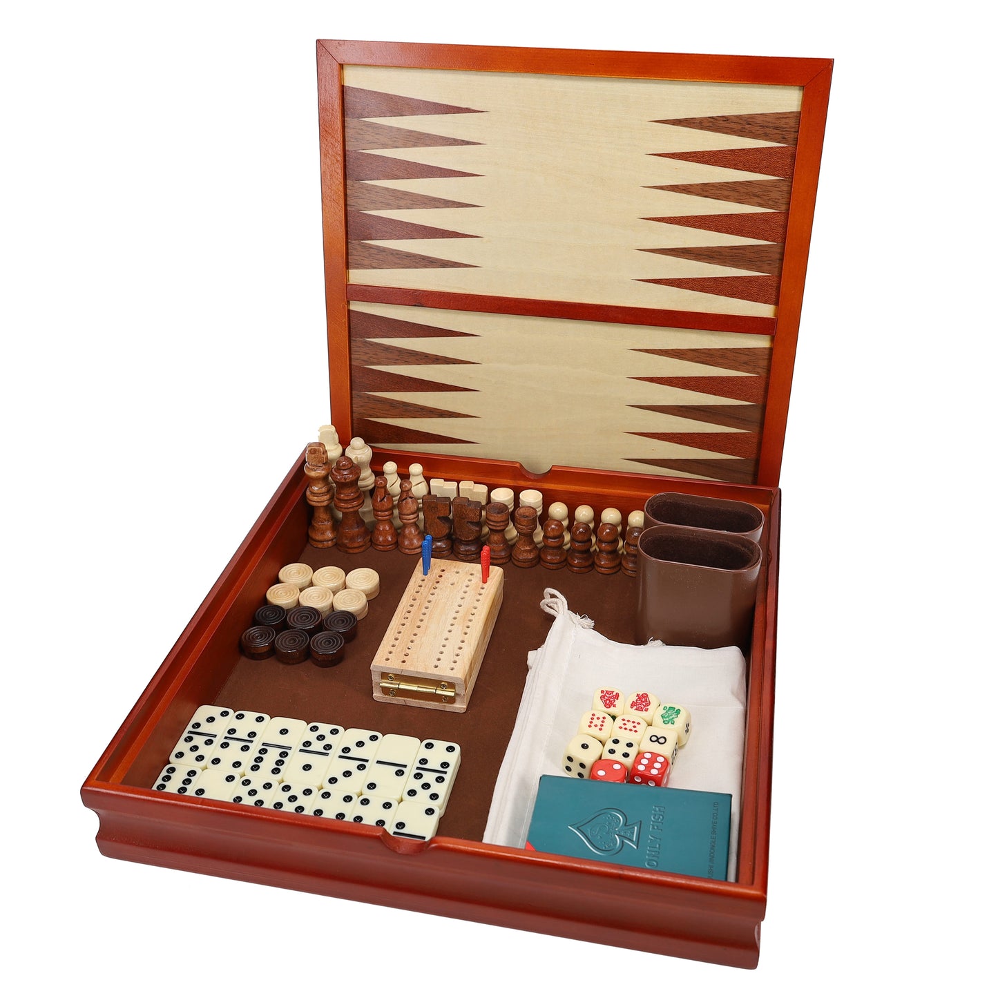 7-in-1 Combination Wood Game Set – 12 inch board – Includes Chess, Checkers, Backgammon, Dominoes, Cribbage, Poker Dice, Cards
