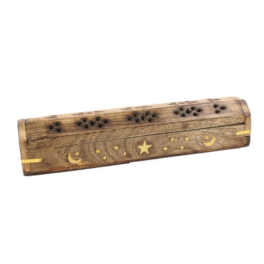 HAND CARVED WOODEN INCENSE BURNER BOX - MOON AND STARS