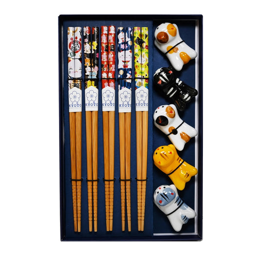 LUCKY CAT 5 PAIR CHOPSTICK AND REST SET