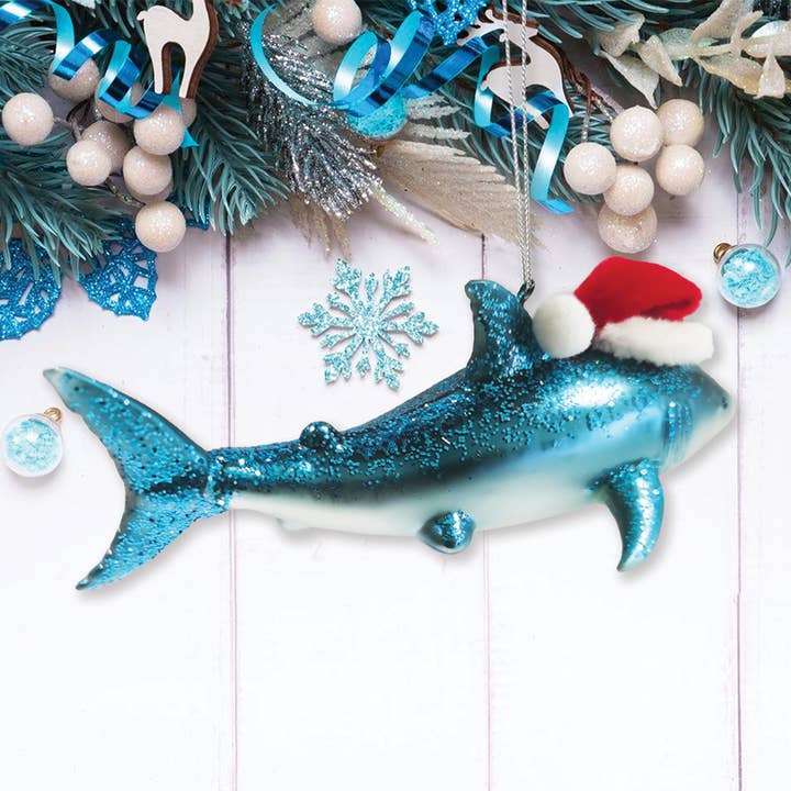 SHARK WITH SANTA HAT GLASS HOLIDAY ORNAMENT
