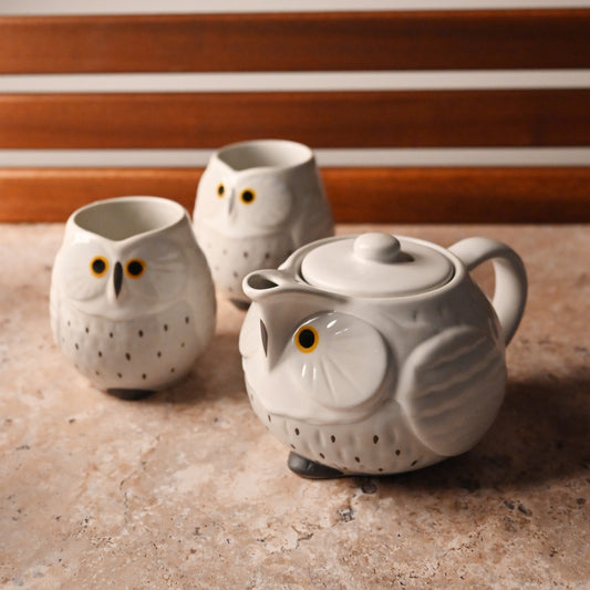 SNOWY OWL AND OWLETS TEA SET (TEAPOT AND TWO TEACUPS)