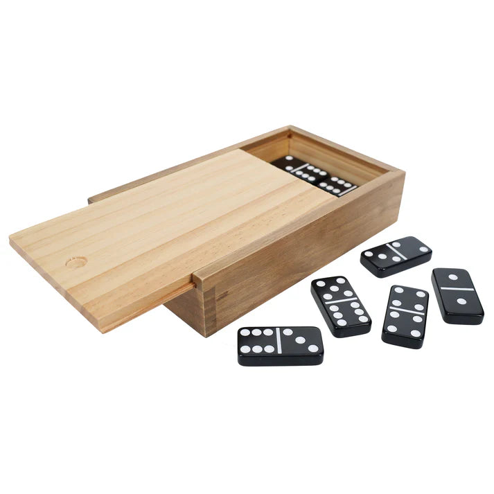 WE GAMES DOUBLE SIX BLACK DOMINOES IN WOODEN CASE