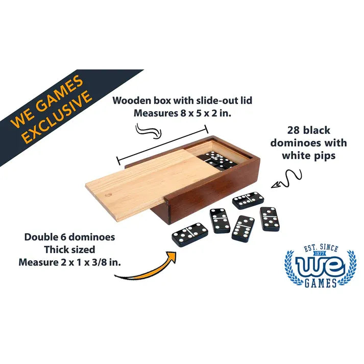 WE GAMES DOUBLE SIX BLACK DOMINOES IN WOODEN CASE