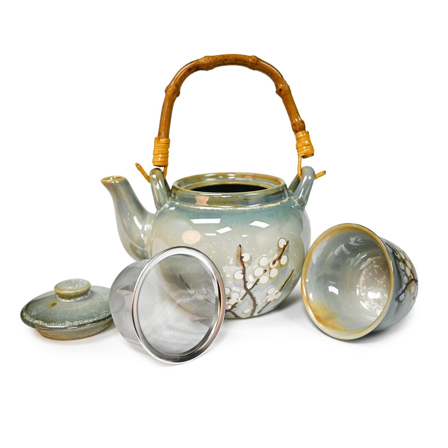 WHITE PLUM BLOSSOM TEA SET (TEAPOT AND FOUR TEACUPS)