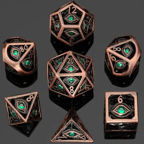HOLLOW METAL DRAGON'S EYE EMERALD DICE SET