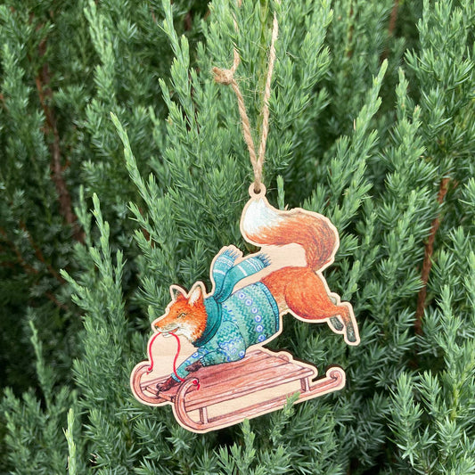 FESTIVE FOX WOODEN HOLIDAY ORNAMENT