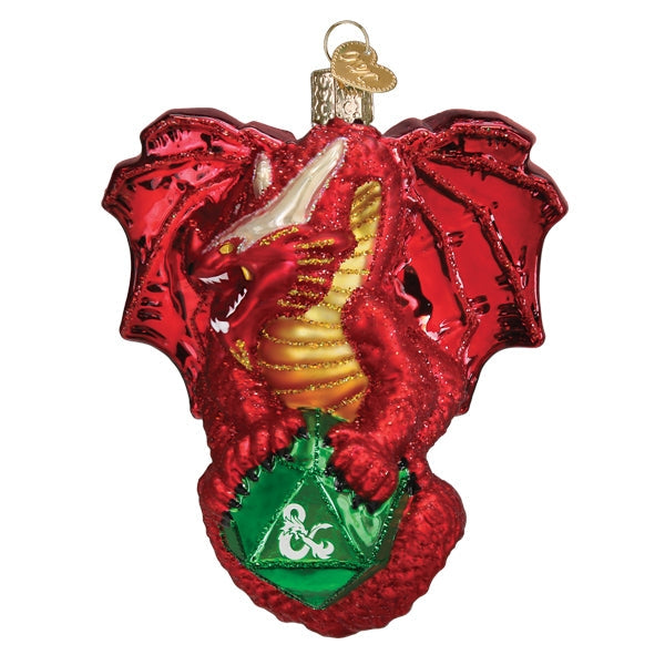 D&D RED DRAGON ON D20 GLASS HOLIDAY ORNAMENT