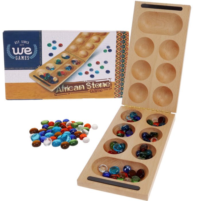 AFRICAN STONE GAME - SOLID FOLDING WOOD BOARD AND GLASS STONES (MANCALA)