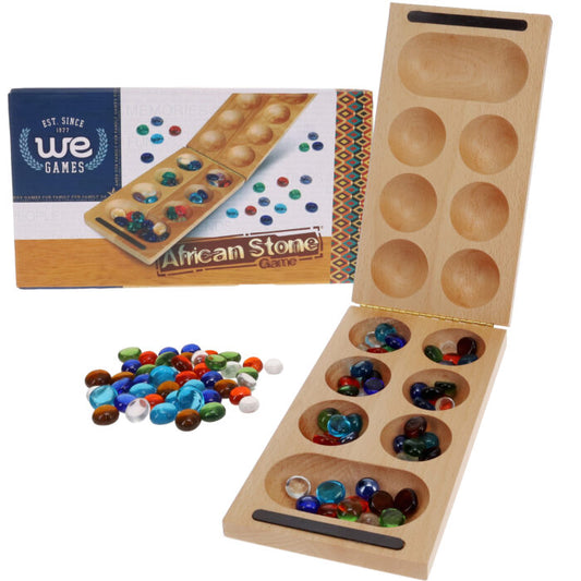 AFRICAN STONE GAME - SOLID FOLDING WOOD BOARD AND GLASS STONES (MANCALA)