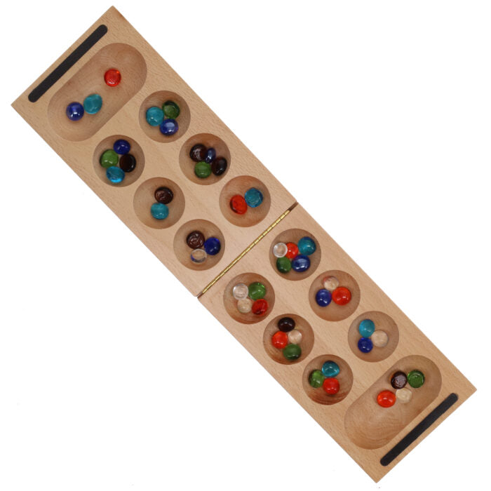 AFRICAN STONE GAME - SOLID FOLDING WOOD BOARD AND GLASS STONES (MANCALA)