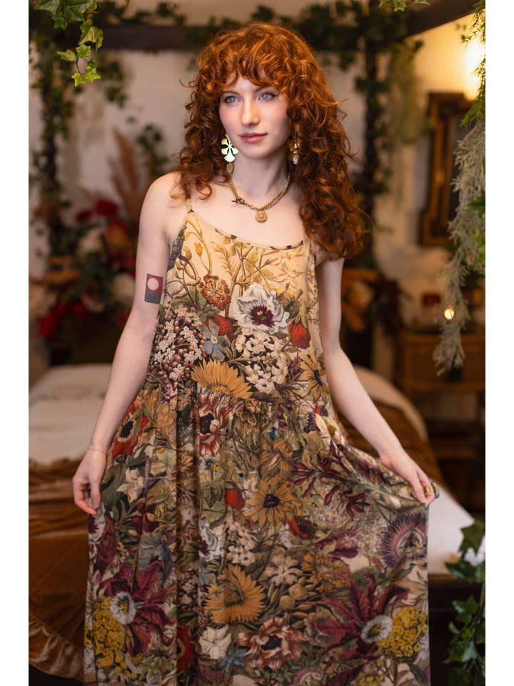GOLDEN HOUR BOHÉME LONG MAXI SLIP DRESS W/ FLORAL PRINT