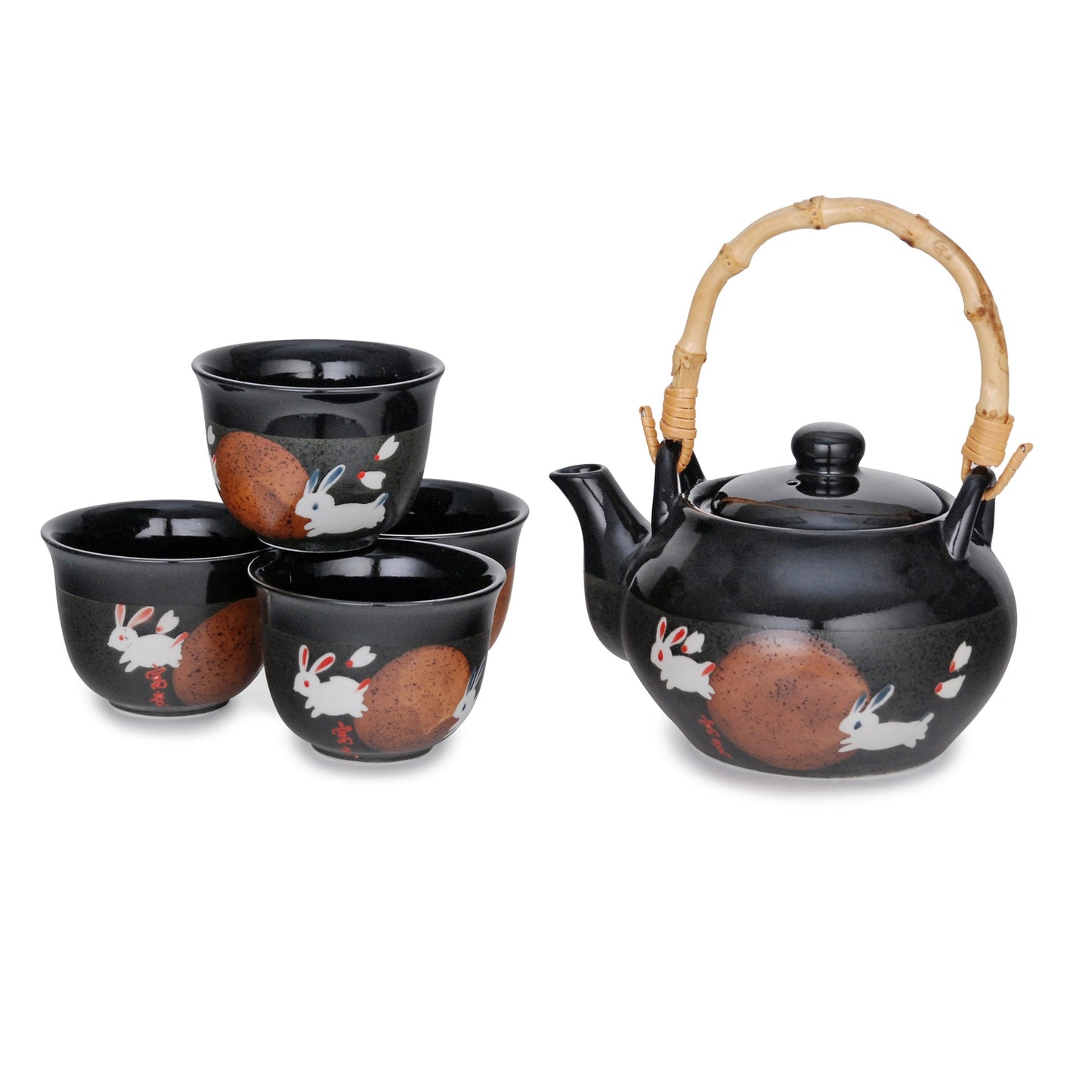 RABBITS UNDER THE GOLDEN MOON CHINESE TEA SET (TEAPOT AND FOUR TEACUPS)