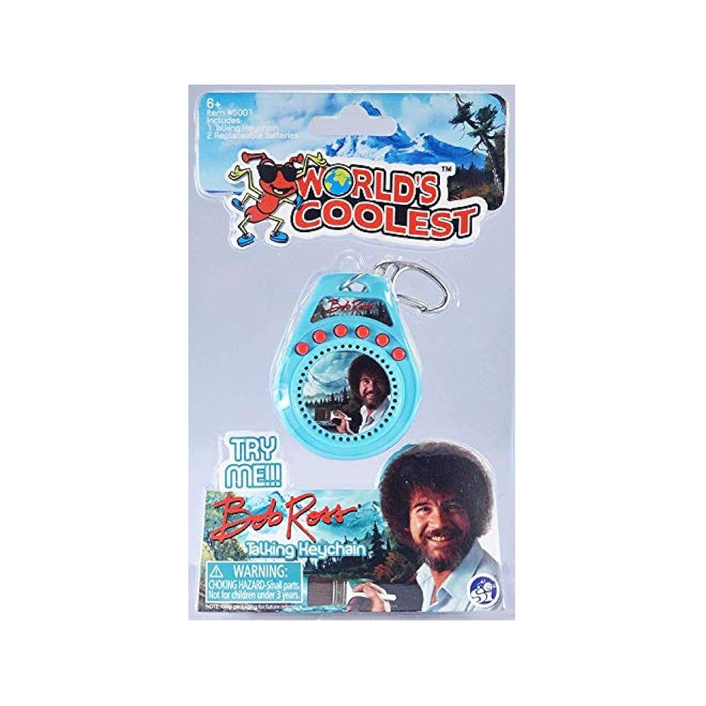 Bob Ross keychain in packaging with 'World's Coolest' text on a white background