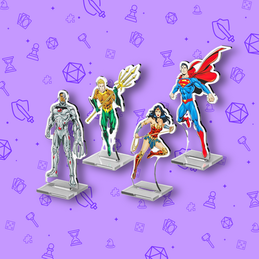 DC DECKBUILDING 2D STANDEES: PACK 2 SUPERMAN, WONDER WOMAN, AQUA MAN, & CYBORG