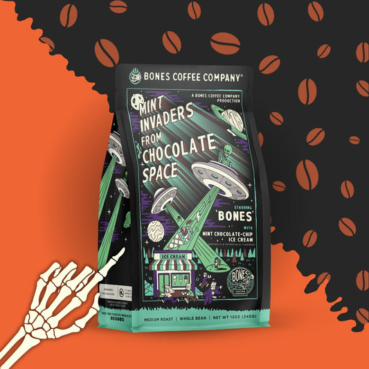 BONES COFFEE MINT INVADERS FROM CHOCOLATE SPACE 12OZ WHOLE BEAN COFFEE