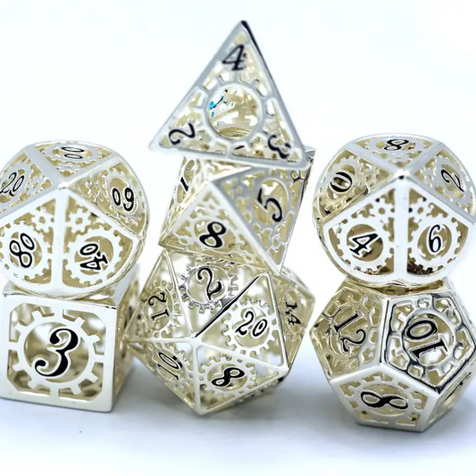 HOLLOW METAL GEAR DICE SET SILVER & BLACK