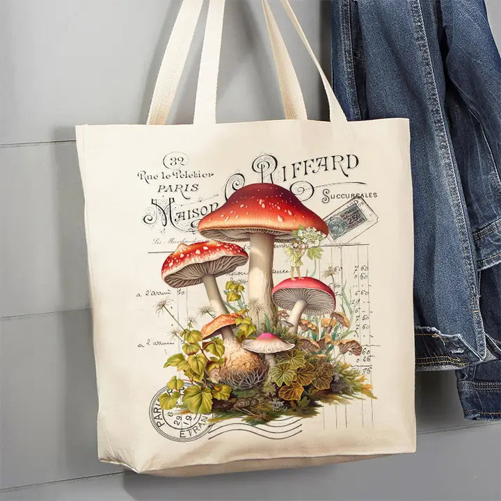 VINTAGE FRENCH RED MUSHROOMS CANVAS TOTE BAG