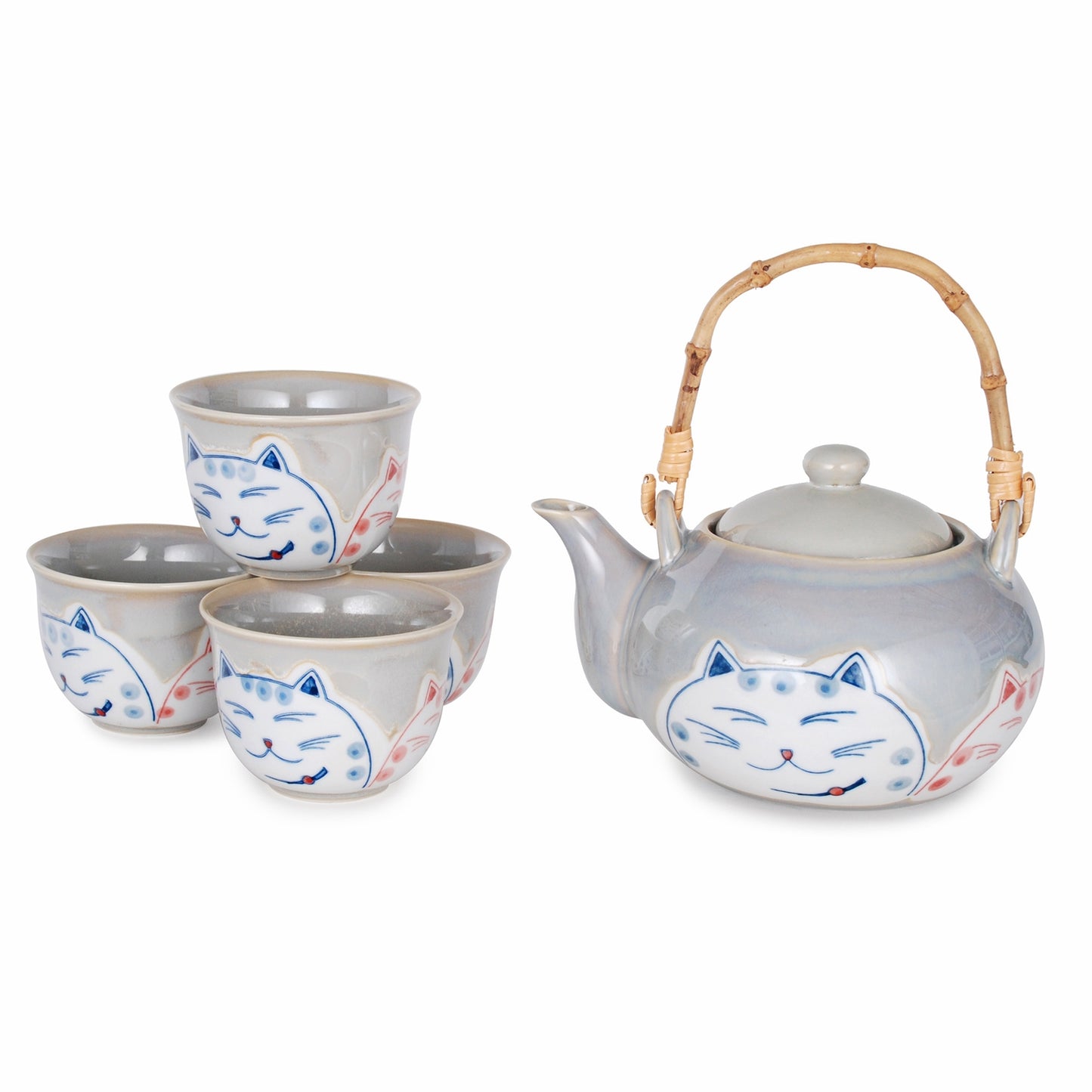SMILING CAT TEA SET (TEAPOT AND FOUR TEACUPS)