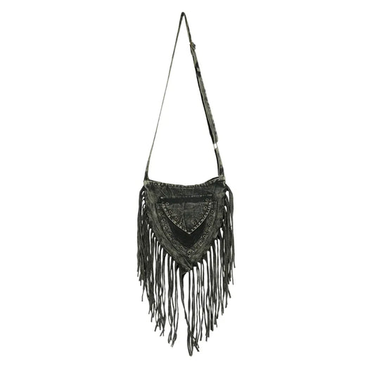 DARK GRAY STONEWASHED FRINGE TRIANGULAR PASSPORT BAG BY EARTH DIVAS