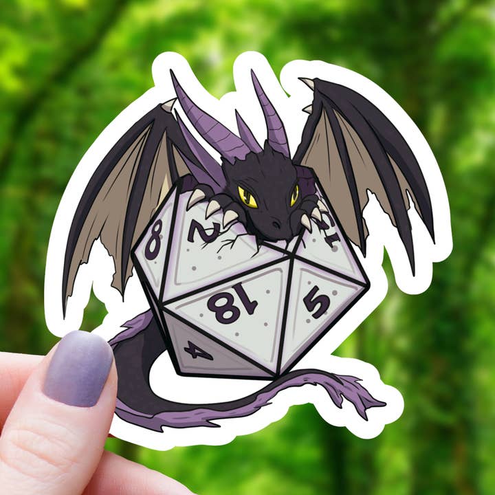 ANGRY BLACK DRAGON HATCHING FROM D20 STICKER