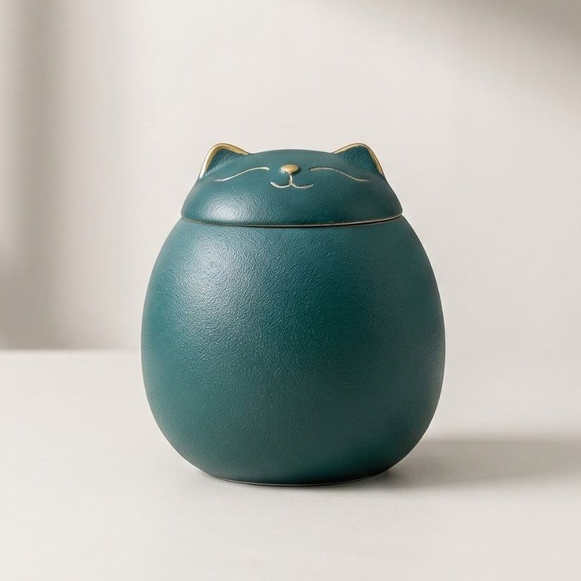 GREEN LUCKY CAT CERAMIC TEA CANISTER