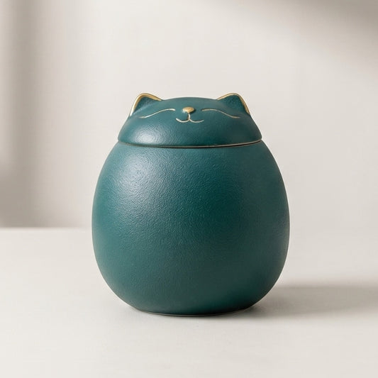 GREEN LUCKY CAT CERAMIC TEA CANISTER