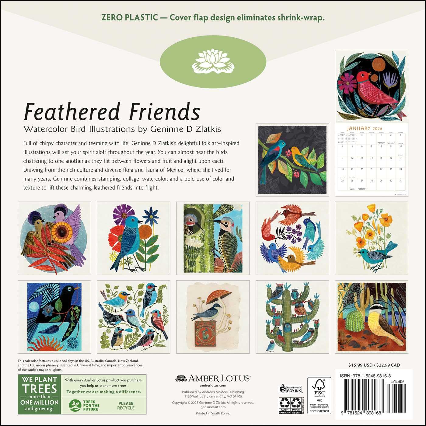 FEATHERED FRIENDS BY GENINNE ZLATKIS 2026 WALL CALENDAR