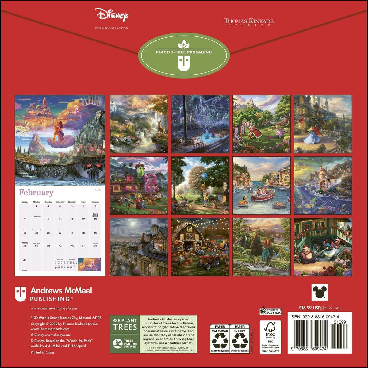 DISNEY DREAMS COLLECTION BY THOMAS KINKADE STUDIOS 2027 WALL CALENDAR