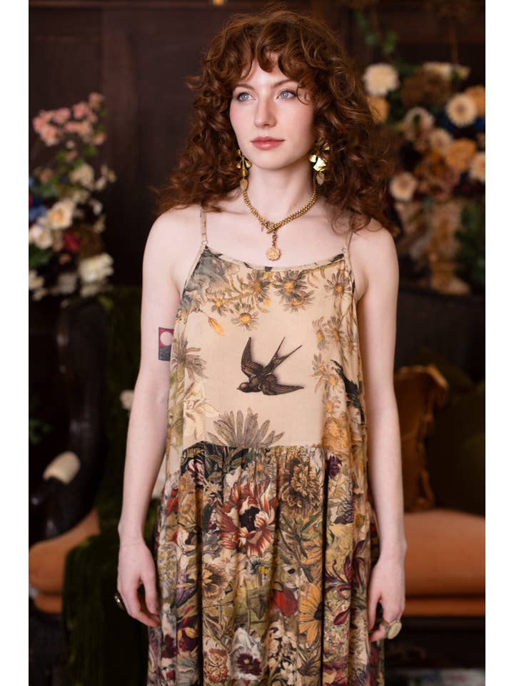 GOLDEN HOUR BOHÉME LONG MAXI SLIP DRESS W/ FLORAL PRINT