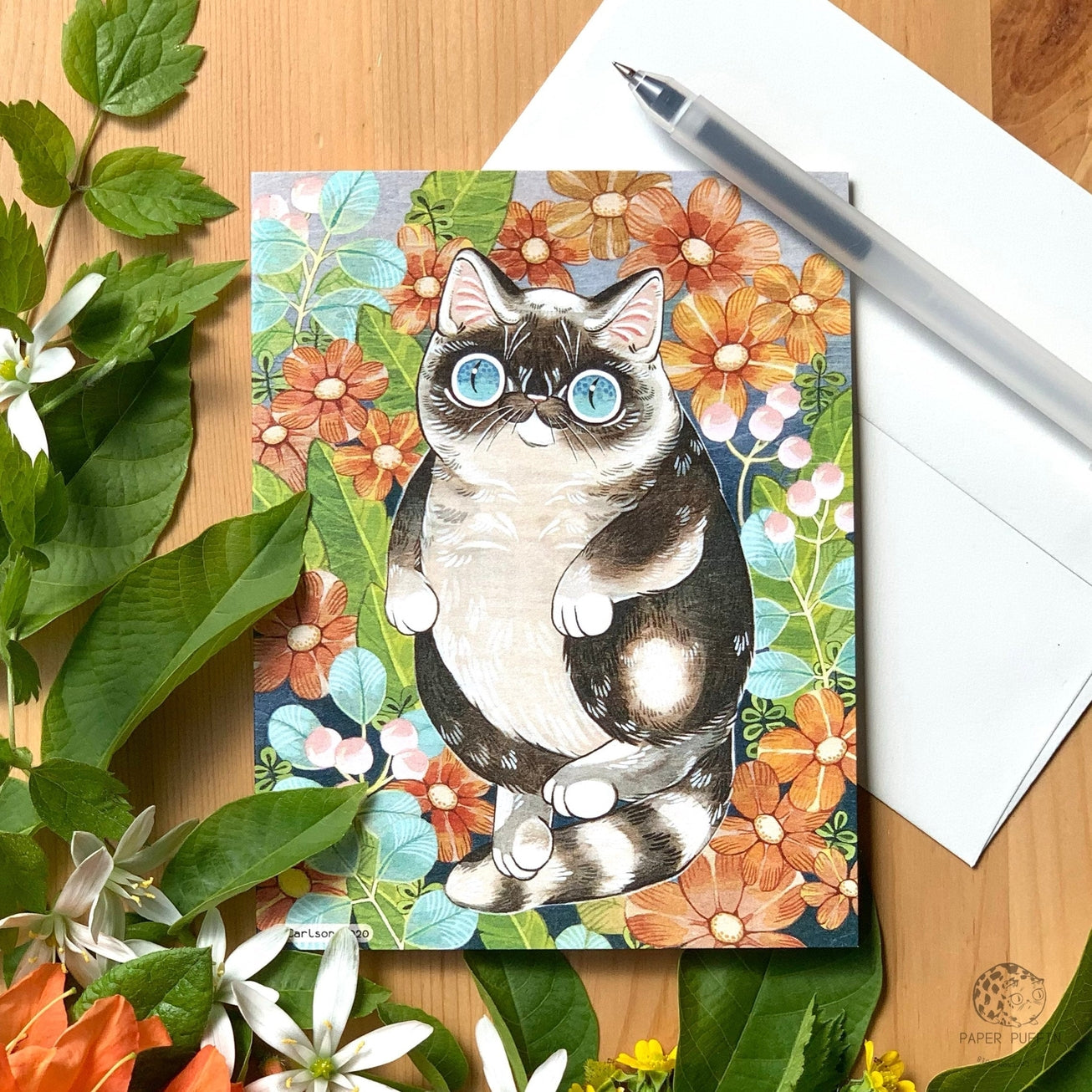 CHONK CAT FLOATING IN FLOWERS BLANK GREETING CARD