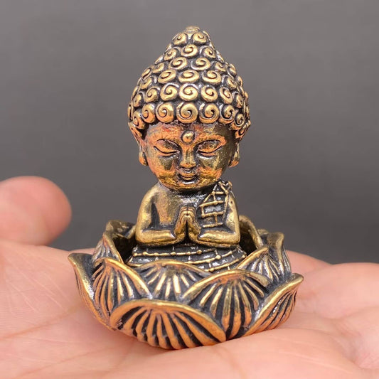 MINIATURE BRASS BUDDHA SITTING ON LOTUS FLOWER