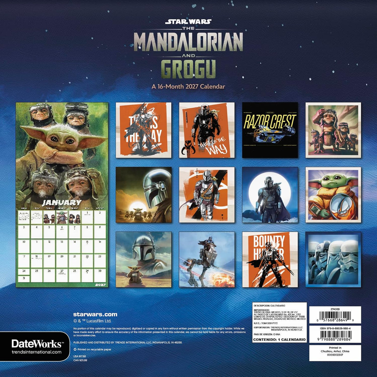 2027 STAR WARS: THE MANDALORIAN AND GROGU 16 MONTH WALL CALENDAR