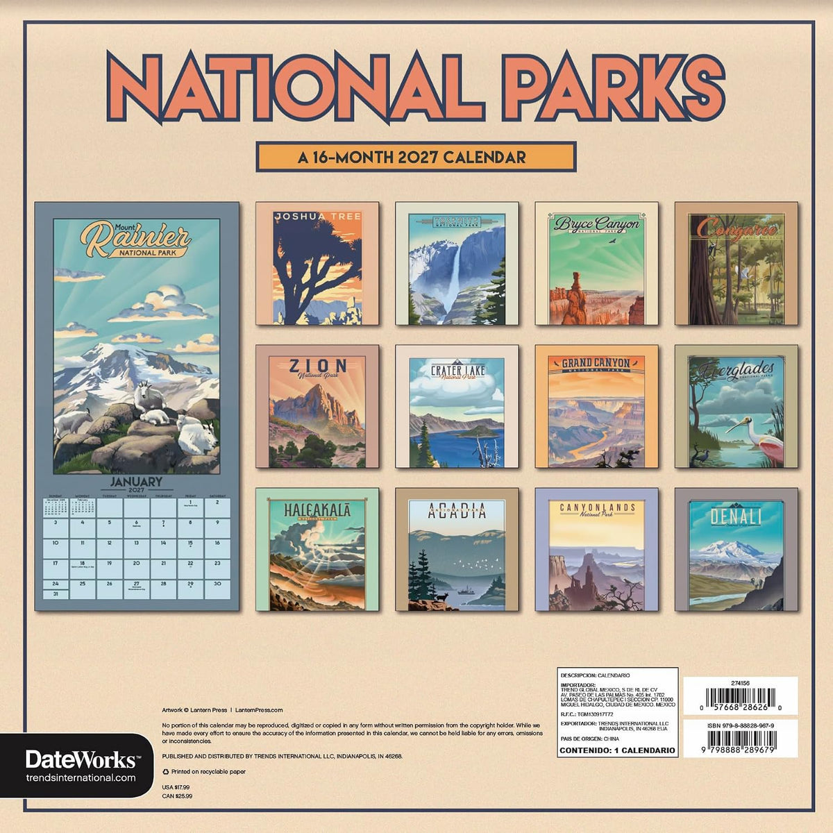 2027 NATIONAL PARKS 16 MONTH WALL CALENDAR