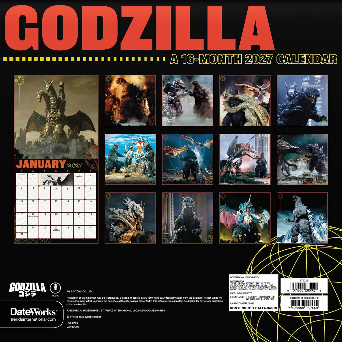 2027 GODZILLA - CLASSIC 16 MONTH WALL CALENDAR