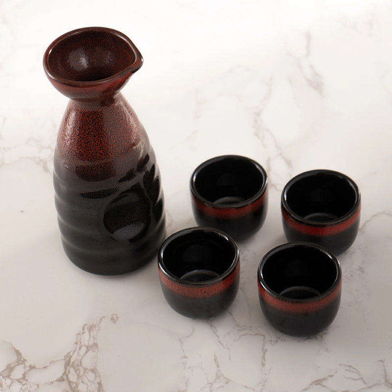 RED AND BLACK GLAZED 10oz SAKE SET