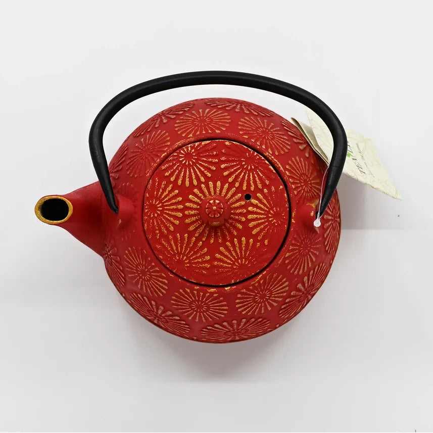 RED KIKU CHRYSANTHEMUM 40OZ CAST IRON TEA POT