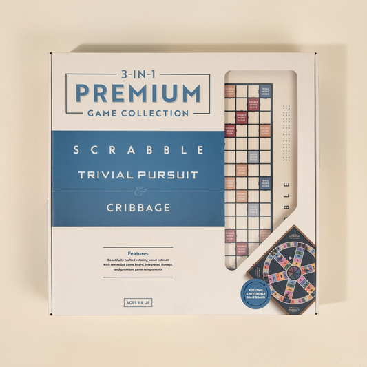 3-IN-1: SCRABBLE, TRIVIAL PURSUIT, & CRIBBAGE