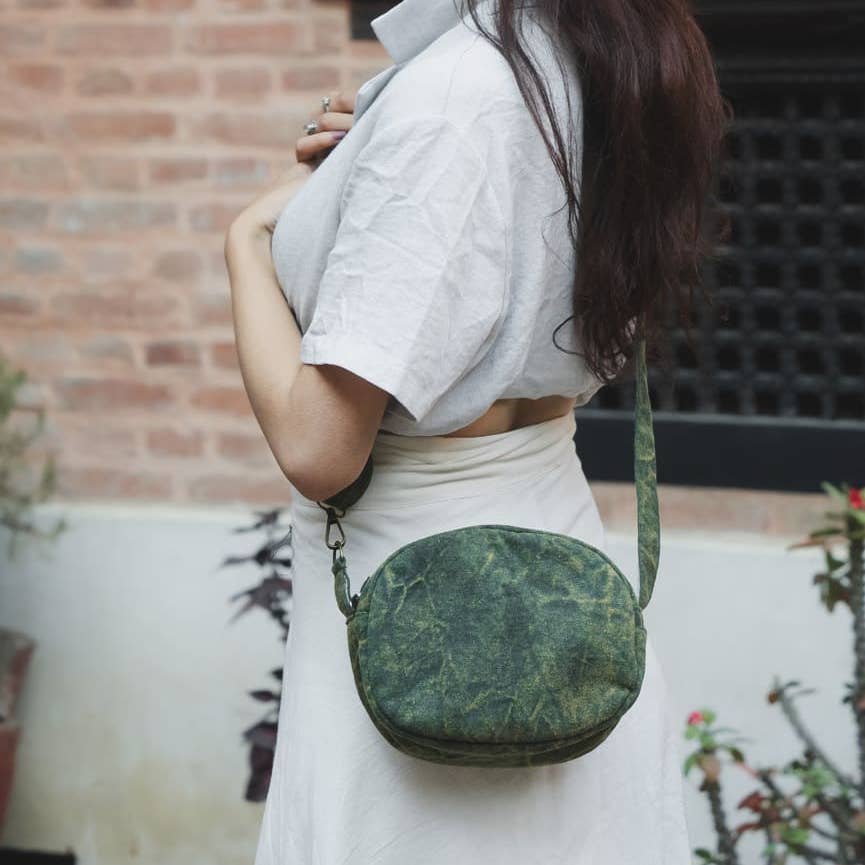 GREEN STONEWASHED CROSS BODY BAG - PILLBOX SHAPE