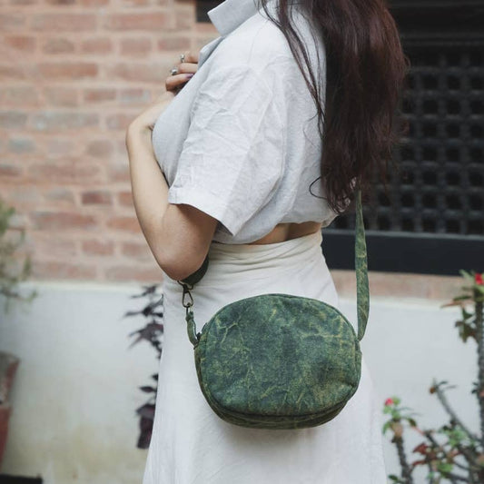 GREEN STONEWASHED CROSS BODY BAG - PILLBOX SHAPE