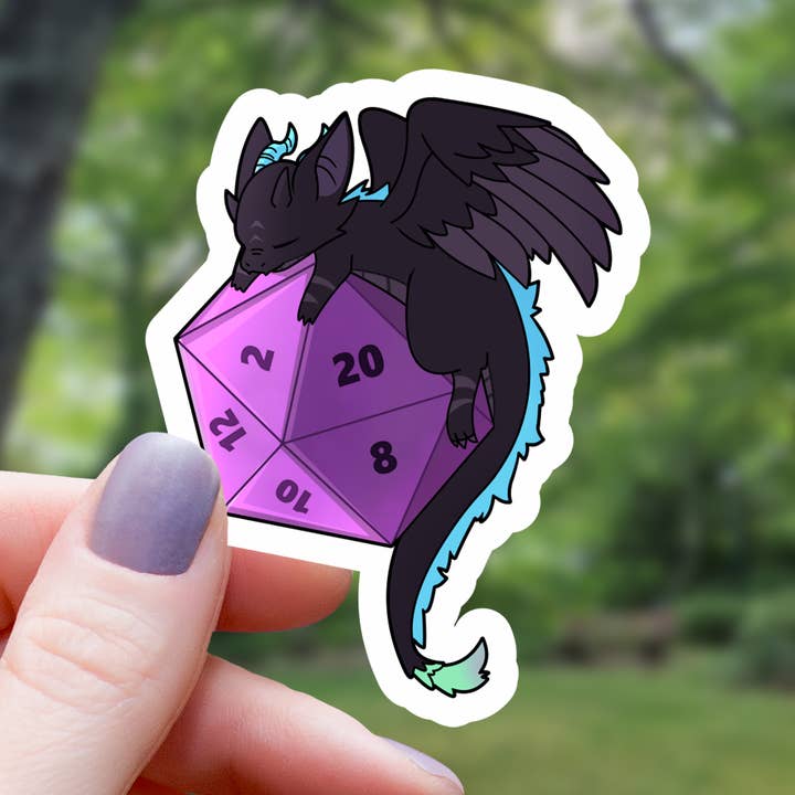 SLEEPING BLACK DRAGON ON D20 STICKER